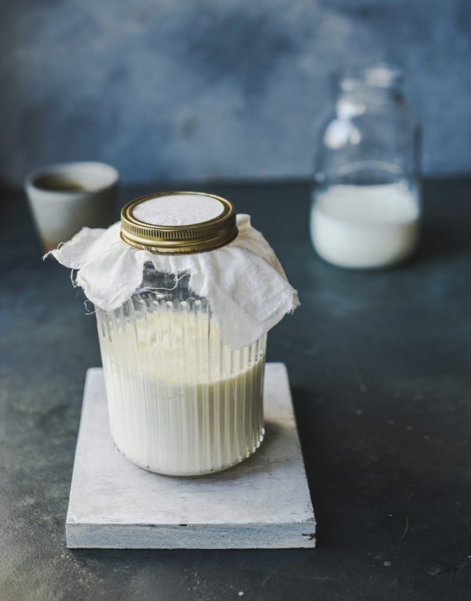 Barattolo di kefir coperto da una garza